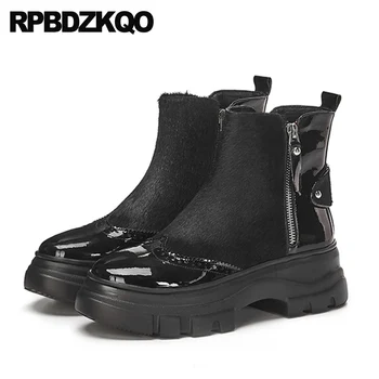 

winter booties high heel round toe platform shoes women ankle boots medium ladies flatform black brogue wedge horsehair muffin