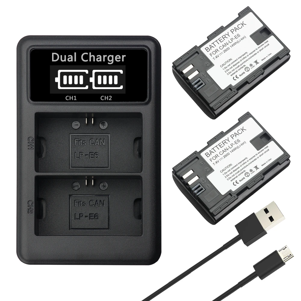 Charger and 2Battery YILIZOMANA LP-E6 LPE6 LP E6 Камера Батарея 7,4 V 2600 мА-ч для цифровой однообъективной зеркальной камеры Canon EOS 5D Mark II III IV 5DS R 6D 7D 60D 60Da 70D 80D XC10 - Цвет: Charger and 2Battery