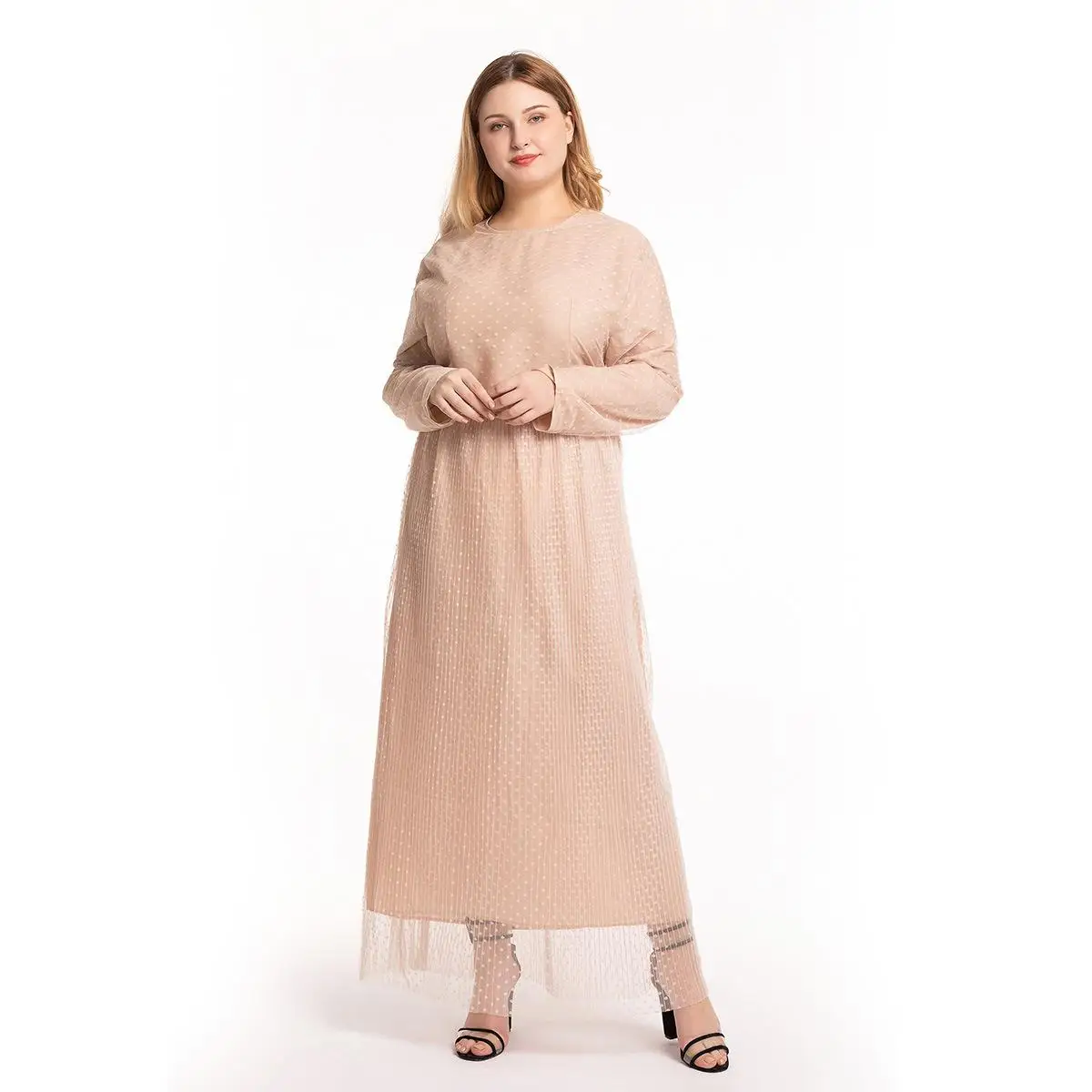

Dot Mesh patchwork Long Dress big size Women Winter Dress 2019 elegant casual Maxi Dress solid black khaki Plus size dresses