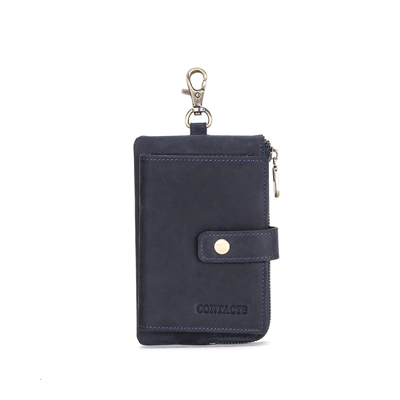 Contact's Genuine Leather Men Key Wallet With Zipper Coin Purse Credit Card Holder Rfid Short Wallet Business Male Car Keychain - Цвет: Blue