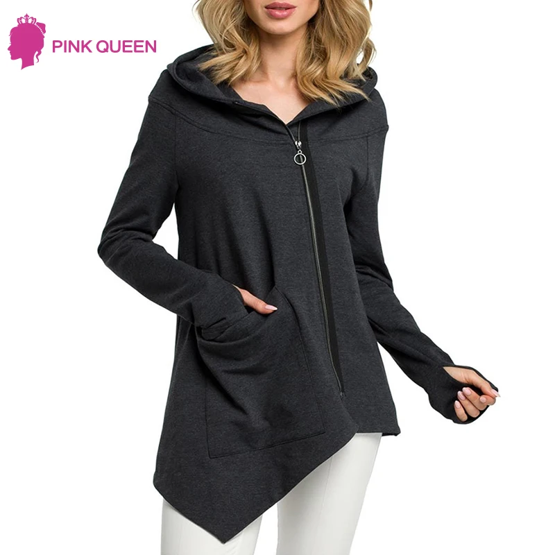 Very best Women Hooded Jacket Oblique Zipper Coat 2019 Big Pocket Long Sleeve Irregular Hem Outwear Thumb Hol