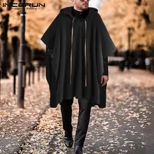 INCERUN, Мужской плащ, пальто с капюшоном, накидка с v-образным вырезом, одноцветная,, уличная одежда, красивые, свободные, модные куртки, необычный длинный Тренч, мужские S-5XL