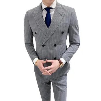 

3 Pieces Suit Man Wedding 2019 Slim Fit Mens Plaid Suits High Quality Double-breasted stripes Business Formal Work Suit