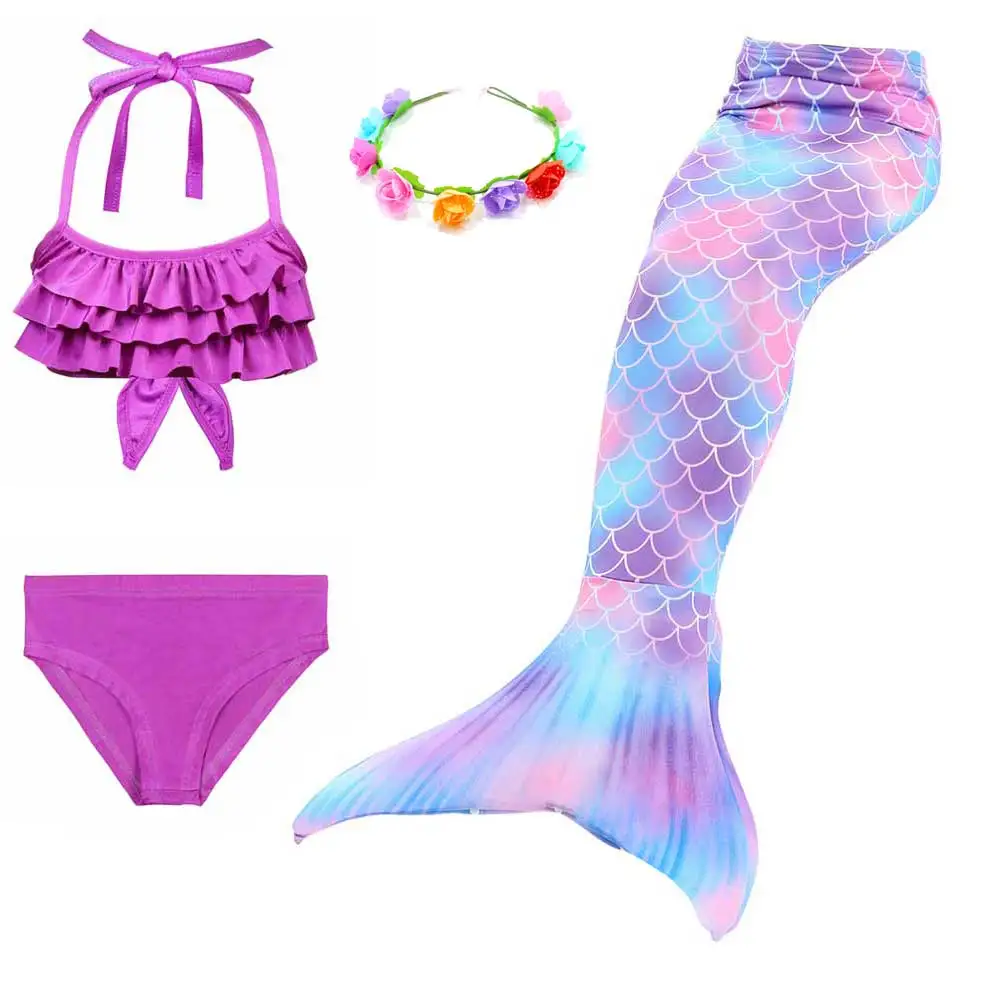 Girls Walkable And Swimmable Mermaid Tail Swimsuit Cosplay Costume Kids Children Bikini And Sparkle Mermaid Swimtail - Цвет: 4pcs Set 3