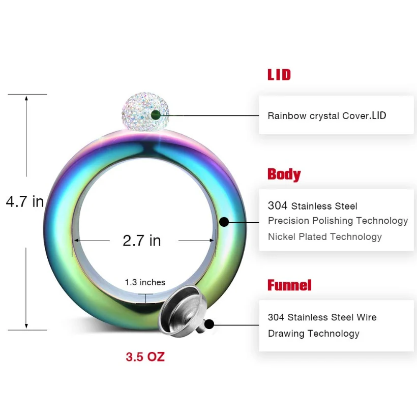 Браслет-фляга из нержавеющей стали, фляга, фляга, 304 нержавеющая сталь, браслет с кристаллом ручной работы, кувшин, вечерние, скрытые колбы, набор 3,5 унций