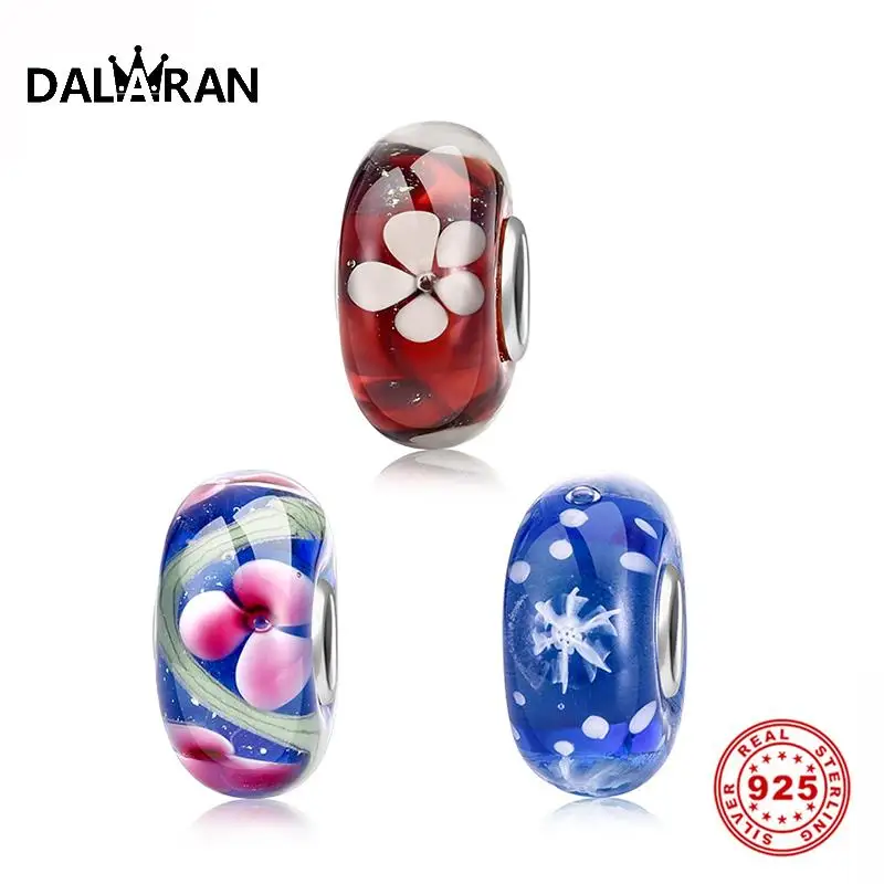 

DALARAN 925 Sterling Silver Glass Beads Murano Flower Charms Fit Pandora Bracelet DIY European Authentic Women Jewelry