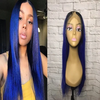 

T#1B/Blue U Part Human Hair Wigs Brazilian Straight Human Hair Wigs Ombre Color Glueless U Part Blue Hair Wigs For Women