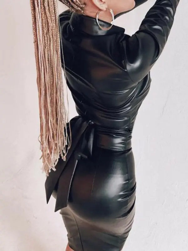 Новинка, женское сексуальное черное платье с v-образным вырезом из искусственной кожи, облегающее платье-рубашка с длинным рукавом, мини-платье