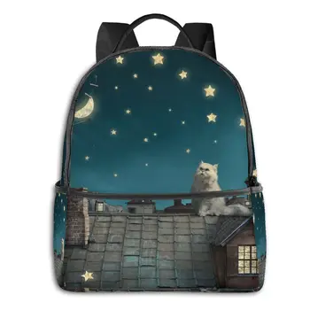 

Casual Backpack Female Women'sWhite Cat Under The Night Sky backpack School Bag Leisure Shoulder Bags
