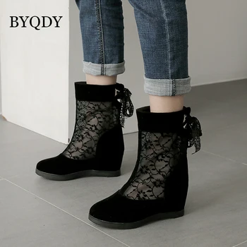 

BYQDY 2020 Shoes Women Summer Boots Mesh Shoes Sexy Wedges High Heels Hollow-out Rome Style Riband with Zipper Shoes Wholesale