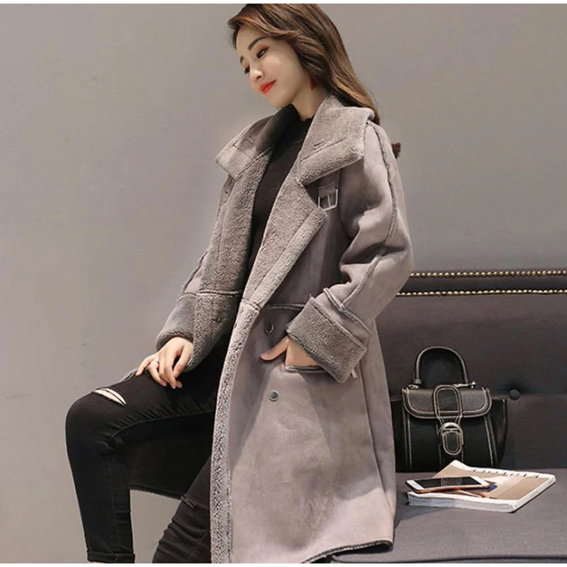 Зимнее замшевое меховое утепленное Женское пальто розового и серого цвета с отложным воротником, длинное пальто для женщин, теплая ветрозащитная женская верхняя одежда на молнии