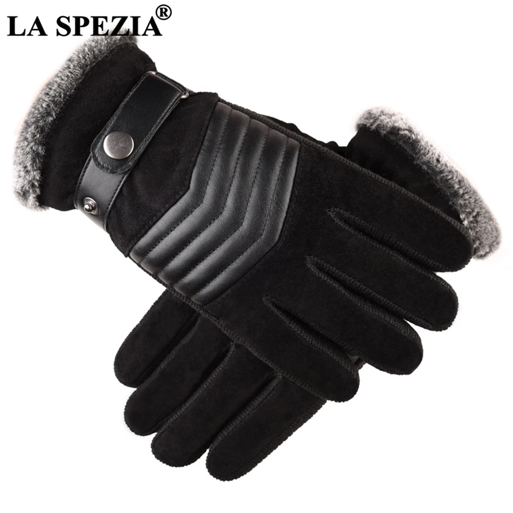 LA SPEZIA Brown Mens Leather Gloves Real Pigskin Russia Winter Gloves Warm Thick Driving Skiing Men's Guantes Luvas
