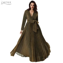ADYCE 2019 ยาว Maxi ผู้หญิงรันเวย์ชุดทองแขนยาวลึก V คอ Sashes ตาข่าย Celebrity Dresses vestidos(China)