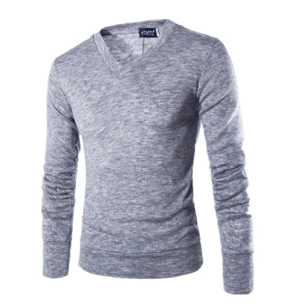 Модный мужской свитер, весна-осень, длинный рукав, VNeck, вязаная рубашка для мужчин, повседневная, мягкая, одноцветная, Мужская одежда, облегающий пуловер