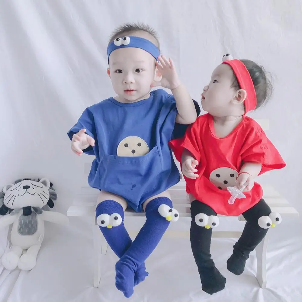 

Free Shipping Baby Rompers Short Sleeve Loose Tops Sesame Street Biscuits Boys Outfit with Hair Band 2pcs Set Unisex Playsuits