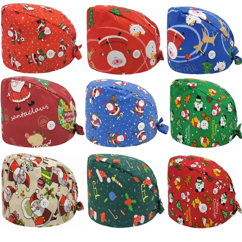 

New Christmas Scrubs Caps Santa Claus Print Cap Pet Grooming Agency Work Scrubs Beauty Work Hats Lab Nursing Cap Baotou Hat