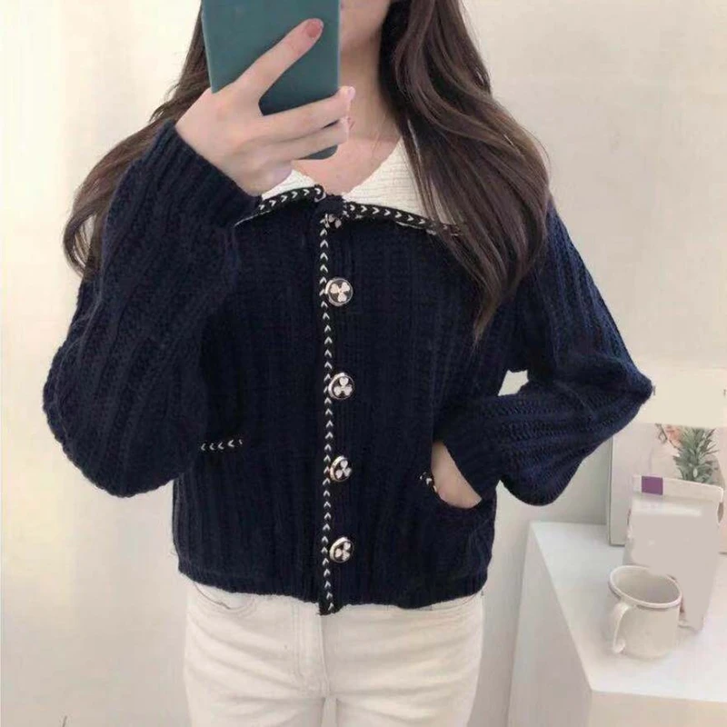 navy cardigan RealShe женский кардиган с длинным рукавом, воротник Питер Пэн, пуговицы, карманы, кашемировый свитер для женщин, весна, Повседневные свитера для девушек - Цвет: navy cardigan