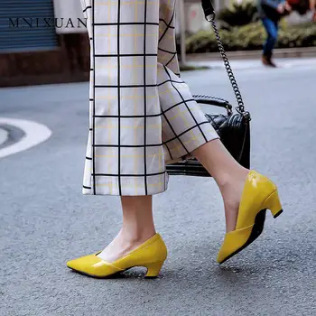 

MNIXUAN Fashion women pumps shoes 2020 spring new pointed toe patent leather medium heels purple block heel shoes big size 45 47