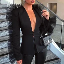 Европейская Высокая мода ruched voile Дизайн Женские блейзеры сексуальный глубокий v-образный вырез полный рукав осенняя одежда блейзеры