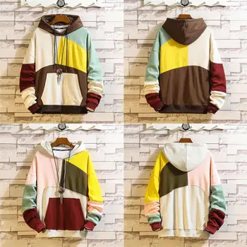 

Men Simple Warm Long Sleeve Cute Color Matching Plus Velvet Loose Hooded Long Sweater