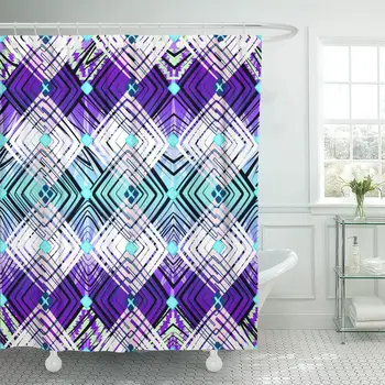 

Blue Digital Geo African Tribal in Purple Turquoise Shower Curtain Waterproof Fabric 72 x 78 Inches Set with Hooks