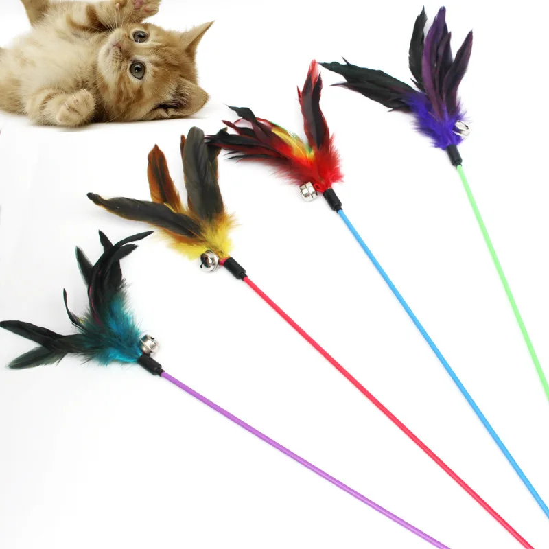 1PCS Cat Toys Cat Stick Feather With Small Bell Natural Like Birds Random Color Black Coloured Pole