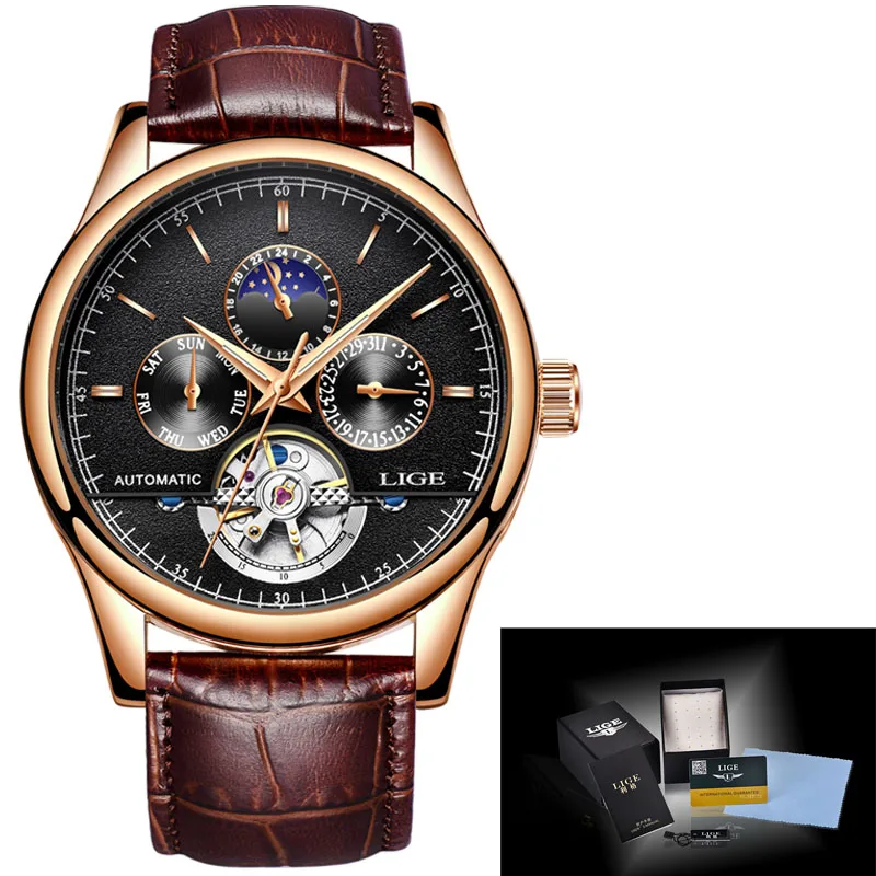 LIGE Брендовые мужские часы автоматические механические часы Tourbillon спортивные часы кожаные повседневные деловые часы в ретро-стиле Relojes Hombre - Color: Gold black L