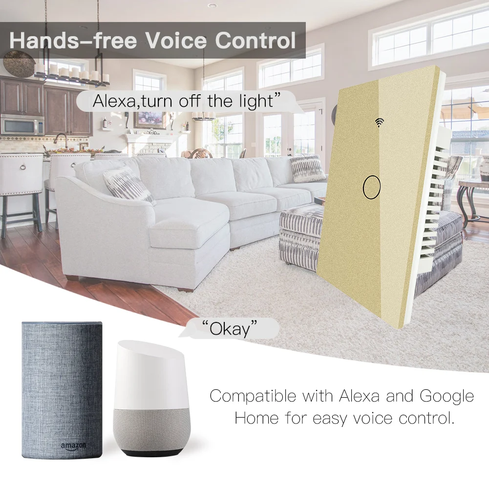 RF433 WiFi Smart Wall Touch Switch No Neutral Wire Needed Smart Single Wire Wall Switch Work with Alexa Google Home 170-250V