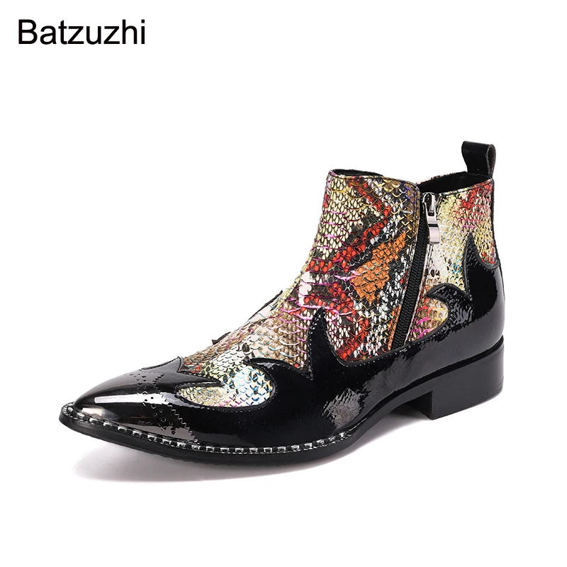 Batzuzhi 100% Brand New Men's Boots Pointed Toe Black Print Genuine Leather Ankle Boots Men Zip Runway, Party Botas Hombre,38-46