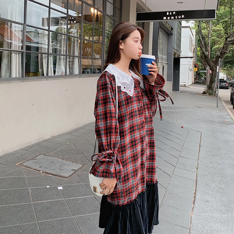 

2019 Spring Laziness-Style Retro Peter Pan Collar Palace Velvet Hem Woolen Pleated Plaid Dress chen yi qun