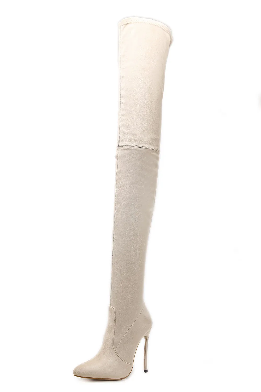 Woman Winter Long Boots Suede Tan Over The Knee Zipper Stretch Pointed Toe Thigh High Heels Boots Sexy Female Botines Motorcycle