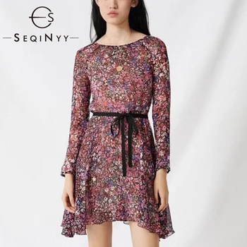 

SEQINYY Chiffon Dress 2020 Summer Spring New Fashion Design Women Floral Print French Romantic Elegant Dress Black Belt