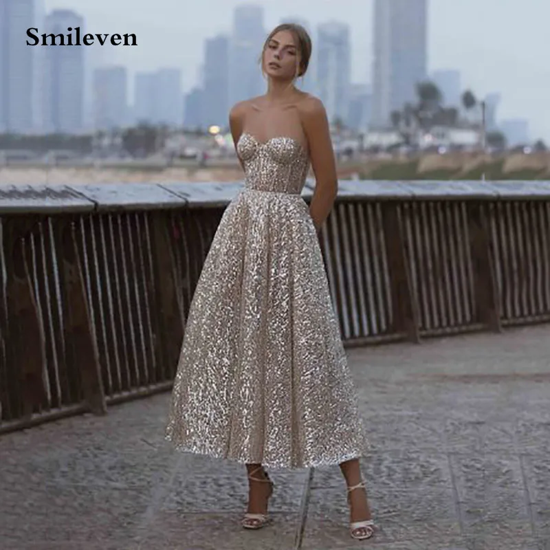 

Smileven New Glitter Short Evening Dresses A Line Sweetheart Backless Ankle Length Prom Gowns Shiny 2021 Party Formal Dress