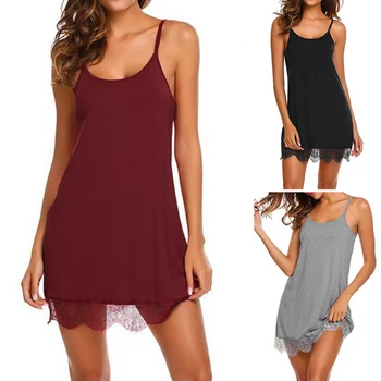 

2020 Summer Sexy Sleepwear Lace Stitching Solid Women Nightgowns Elegant Sleeveless O Neck Straps Femme Sets Casual 5XL