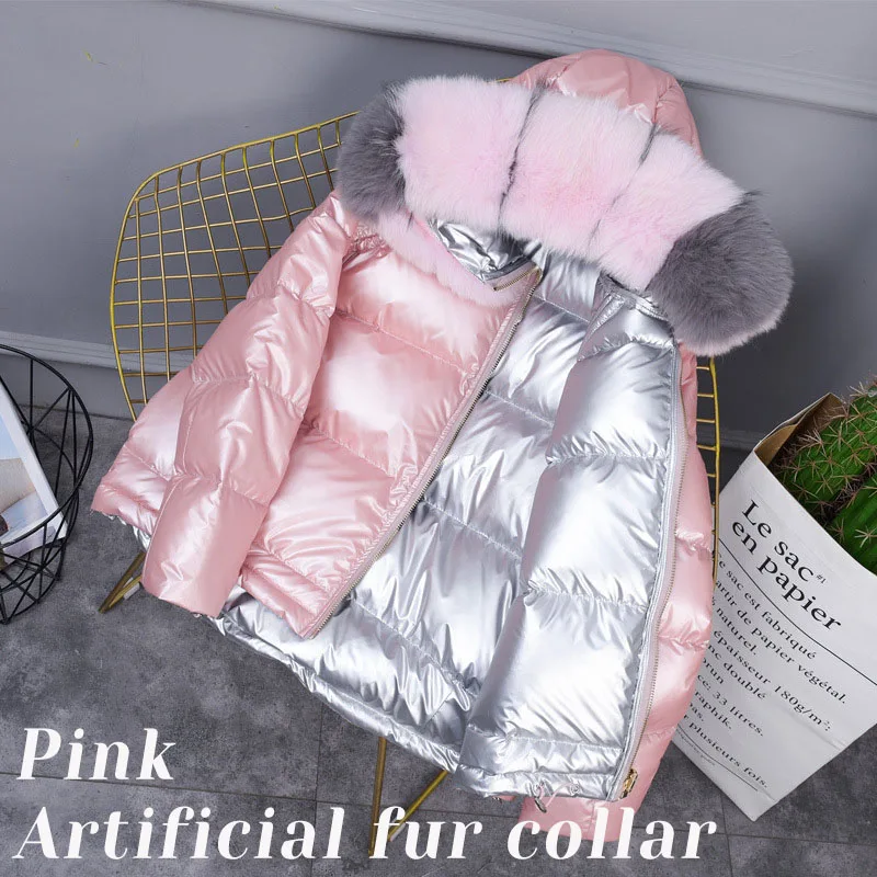 Pink Artificial Зимний женский пуховик с натуральным или искусственным лисьим мехом, свободный короткий пуховик, Толстая теплая парка# ZM806 - Цвет: Pink Artificial