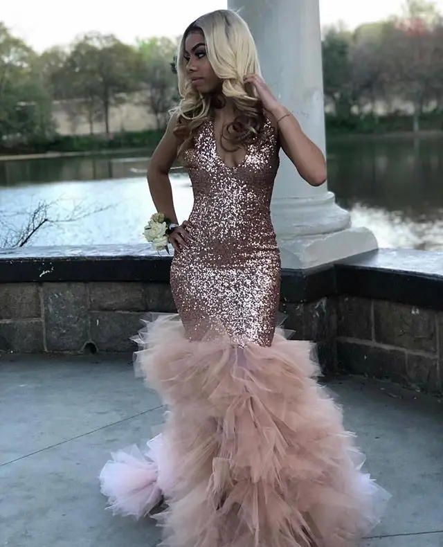 

vestido de gala Sexy Black Girls Mermaid Pink Prom Dresses 2019 Sequined African Ruffled Train Long Formal Evening Party Gowns