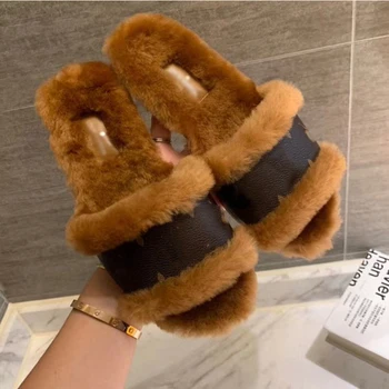 

Fashion Wool Slippers Home Sandals Classical Style Non-slip Slippers Leather Upper Material Women’ s Shoes Indoor Shoes Brown