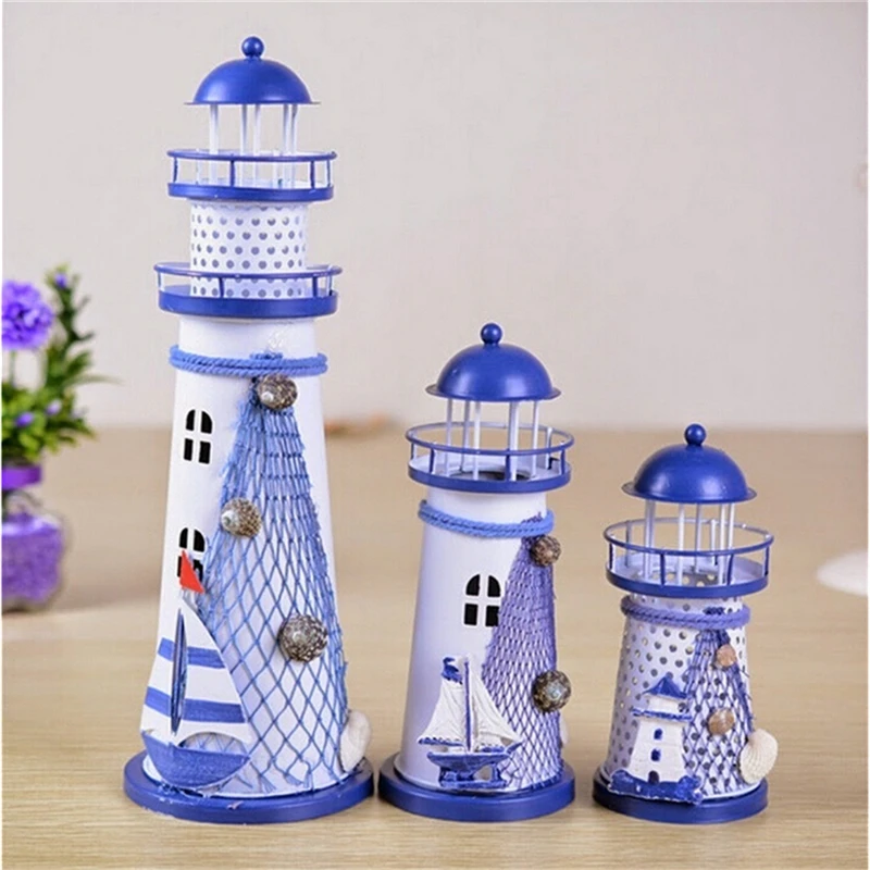 14.5-28.5CM Mediterranean Style Creative Metal Lighthouse Model Handmade Beacon Nautical Home Wedding Gift Crafts