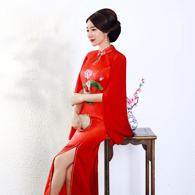 Китайский традиционный Чонсам Летающий рукав печать длинный Cheongsam шоу костюм Ципао платье Vestido Плюс размер S-5XL