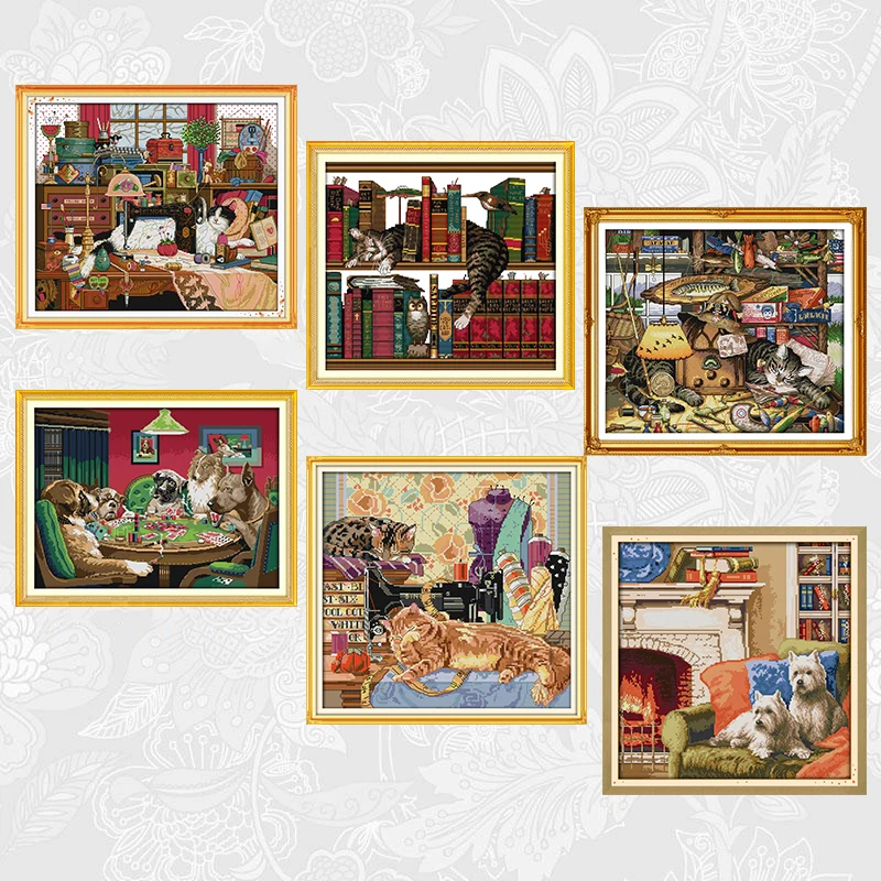 

Warm Home Count Print Cross Stitch kits, Lazy cat Embroidery Needlework Set, Dog play games Cross-stitch Accessory Tools