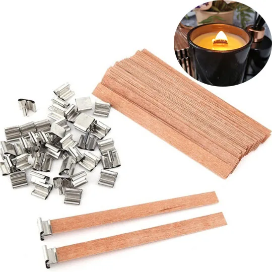 50pcs Candle Wood Wick With Sustainer Tab Candle For Diy Candle Making Supplies Soy Parffin Wax