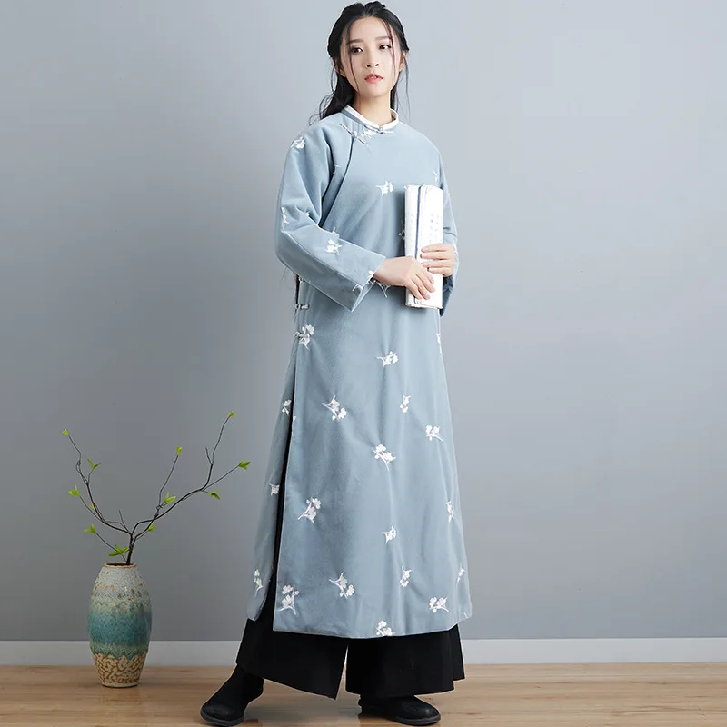 

Qi nian Dream Tidbits Winter New Arrival WOMEN'S Cotton-padded Clothing Style Retro Robes Floral-Print Meditation Clothing Blue