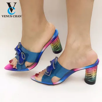 

2020 Blue Color Italian Ladies Wedding Shoes Witrhout Bag Mature Style Comfortable Hees for Party
