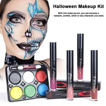 

For Halloween Makeup Set Halloween Lip Gloss + Face Paint Set Lasting Non-stick Cup Lip Glaze Face Paint Kit Halloween Makeup Ki