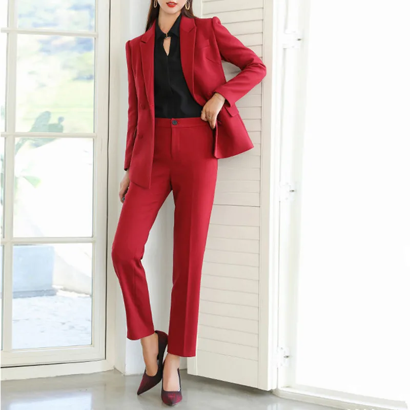 

New Arrival Fashion Women Pant Suits Double Breasted Blazer Jacket Trouser Female Formal Work 2-Piece For Office Lady Pantsuits