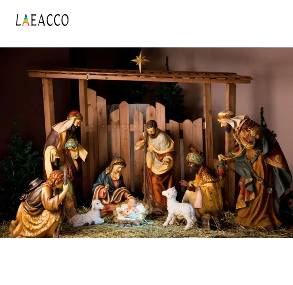 

Laeacco Jesus Birth Nativity Scene Old Wood Shepherd Merry Christmas Party Decor Pattern Photo Background Photographic Backdrop