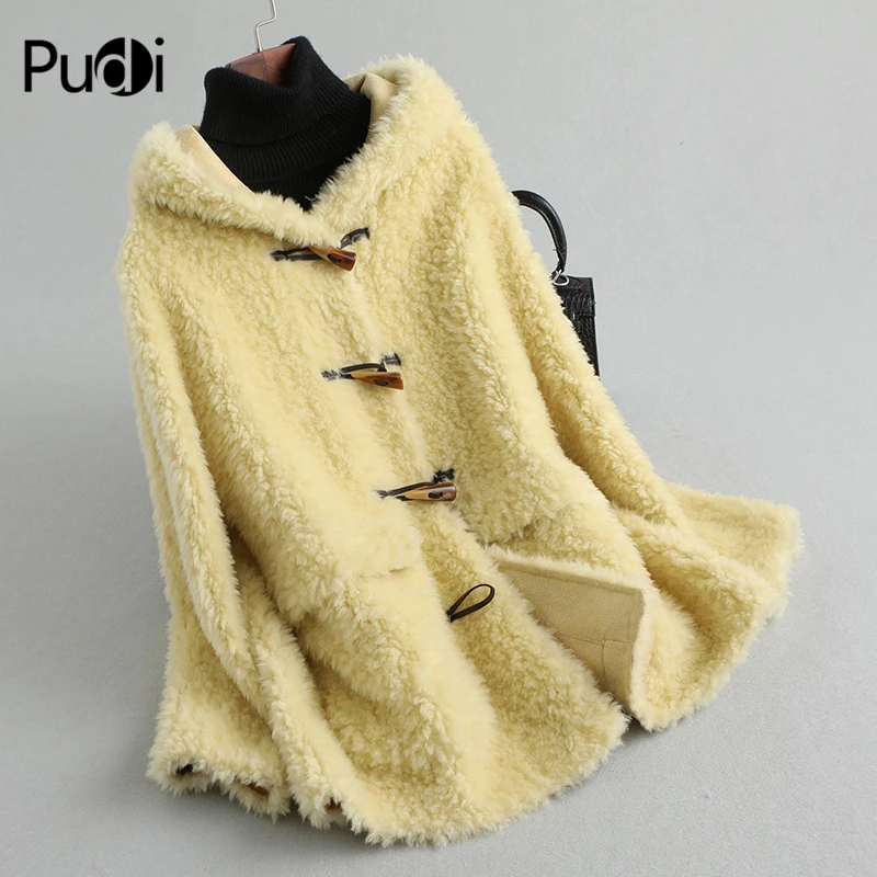 

PUDI A19504 women winter genuine wool fur coat winter buckler horn warm lady hood coat jacket overcoat