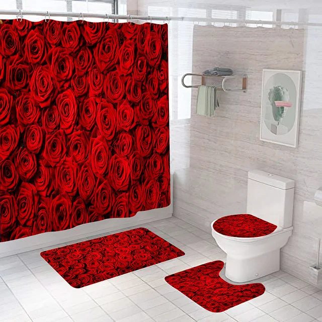 Red Rose Flowers Pattern Shower Curtain Set With Rugs Waterproof Bathing Screen Anti-Slip Toilet Lid Cover Rugs Bathroom Décor 3