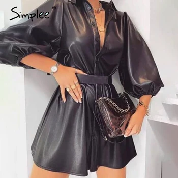 

Simplee Fashion PU leather dress Solid lantern high waist faux mini dress Casual spring button work wear office dress streetwear