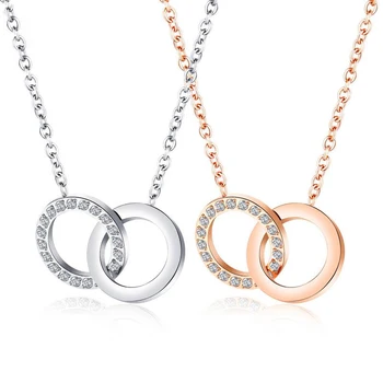 

Korean-Style Double-Ring Pendant Women's Simple Temperament Interlocking Necklace Rose Gold-Plated Clavicle ChainTitanium Trendy